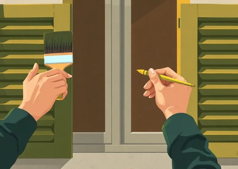 Mise en peinture au pinceau de volets et d'encadrements en bois