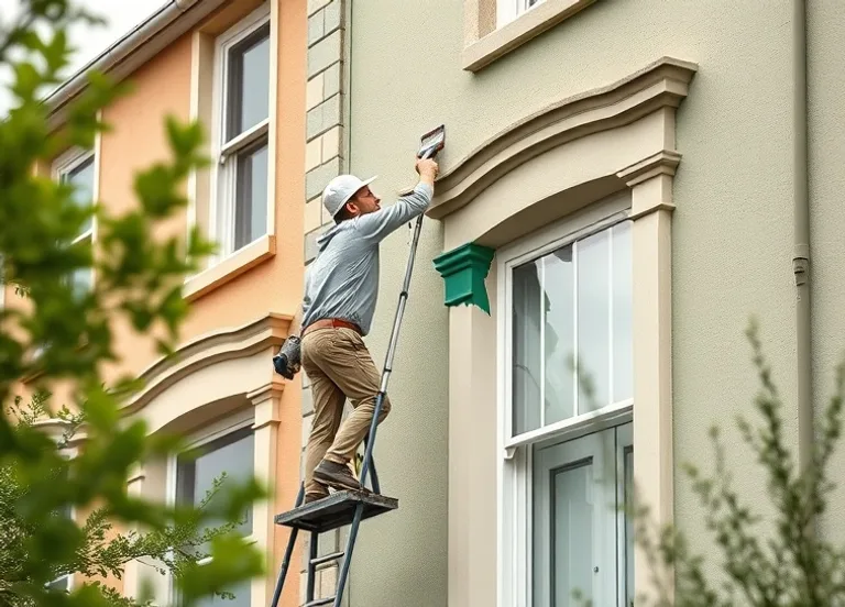 Peintre sur échafaudage traitant la façade d'une maison