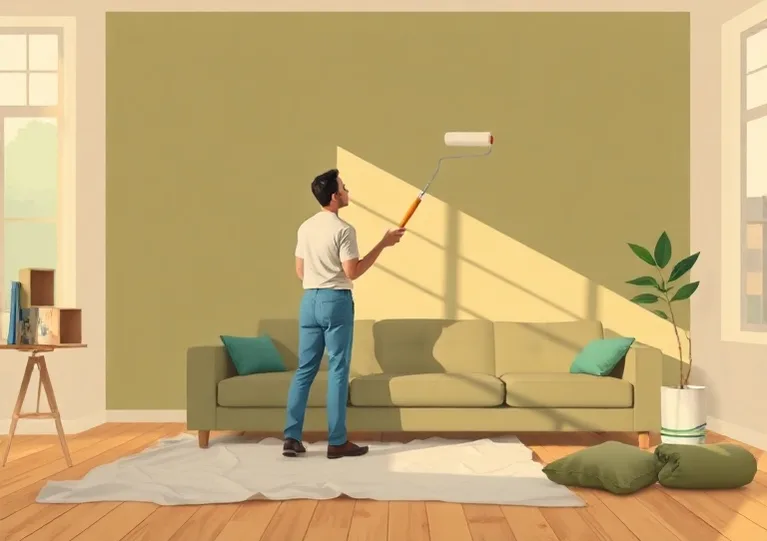 Peintre appliquant la peinture au rouleau sur un mur de salon